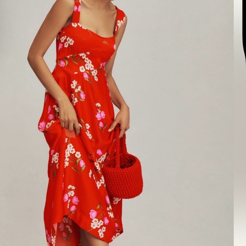 Anthropologie Red Floral Dress Jocelyn slip midi dress in red medium NWT